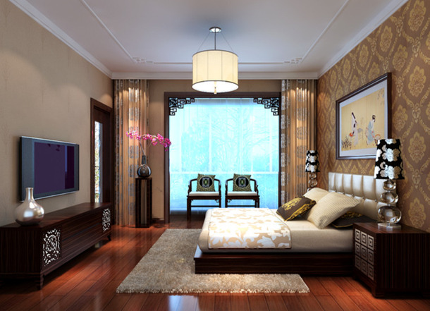 裝修效果圖－中式古色古香臥室裝修設計圖片.jpg