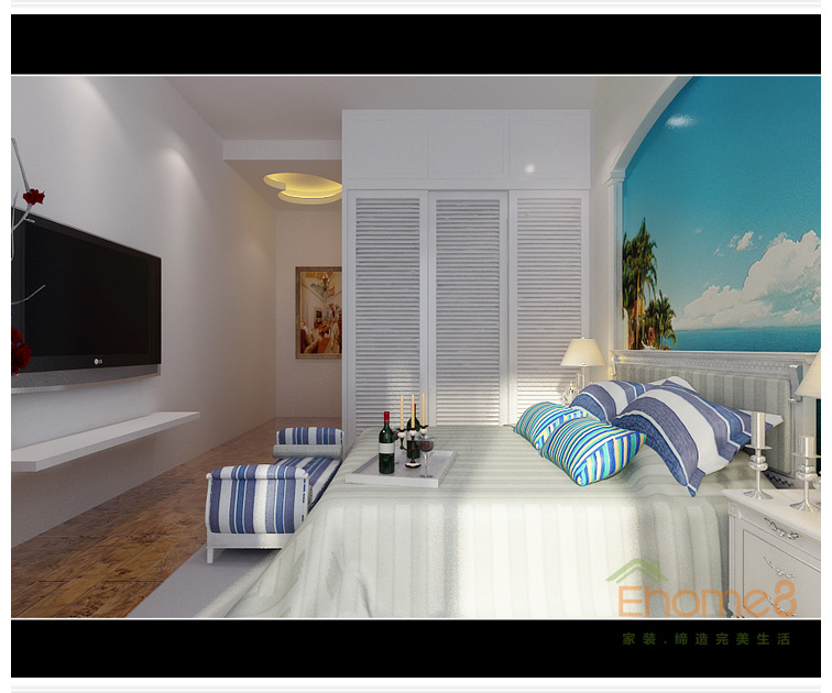 大城小院主臥藍色壁畫裝修效果圖