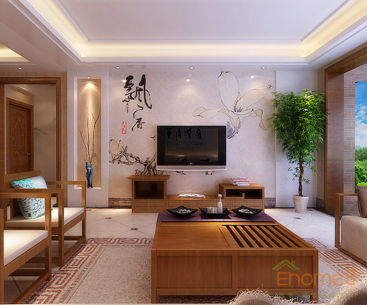 東岸花園書(shū)香韻味客廳裝修效果圖1