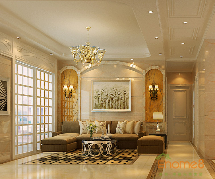 73㎡兩房一廳歐式風格客廳沙發背景墻裝修效果圖1