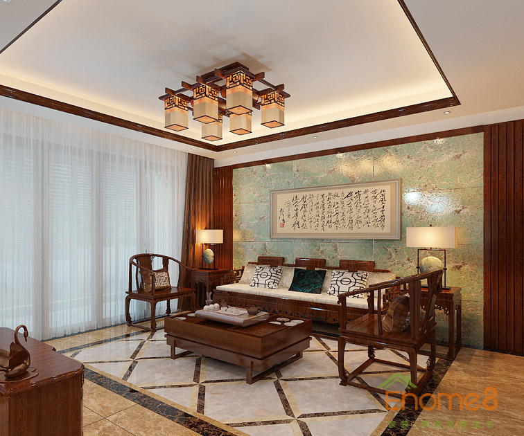 97㎡三房一廳中式原木風格客廳吊燈背景墻裝修效果圖1