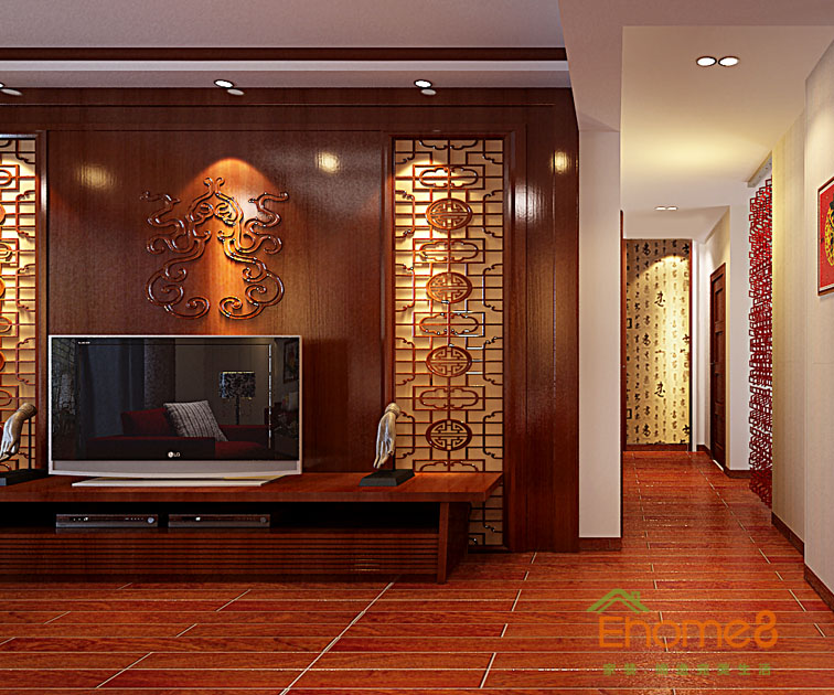 98㎡三房一廳中式田園風格客廳電視背景墻裝修效果圖24556.jpg