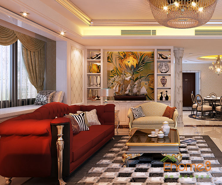 108㎡三房一廳法式風格客廳吊燈沙發(fā)裝修效果圖9