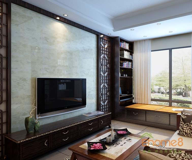 42㎡小戶型中式原木風格客廳電視墻裝修效果圖