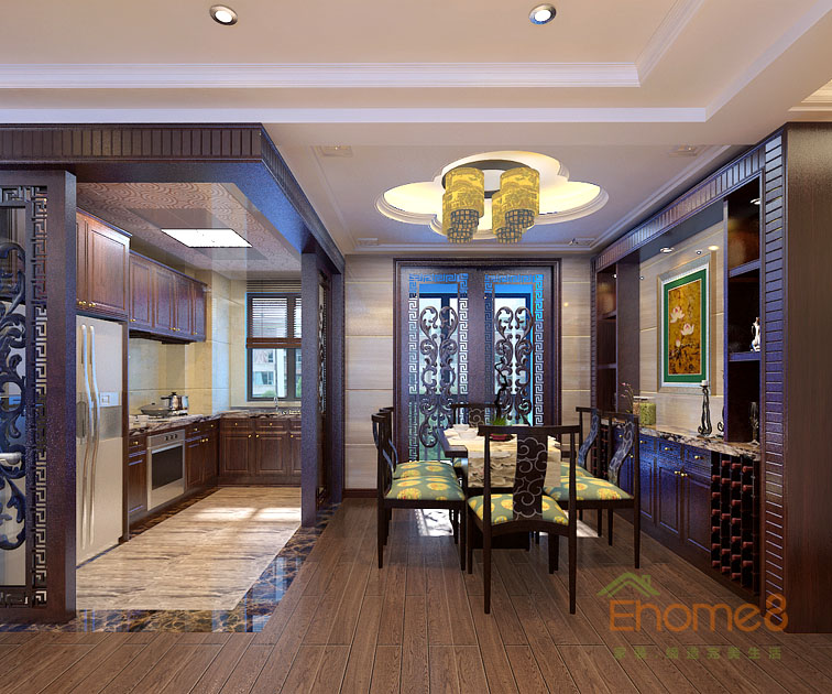 93㎡三房一廳中式原木風格廚房餐廳裝修效果圖