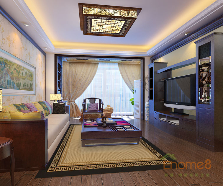 93㎡三房一廳中式原木風格客廳全景裝修效果圖