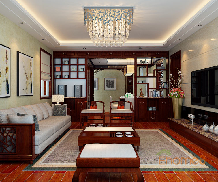 69㎡兩房一廳中式風格客廳全景裝修效果圖