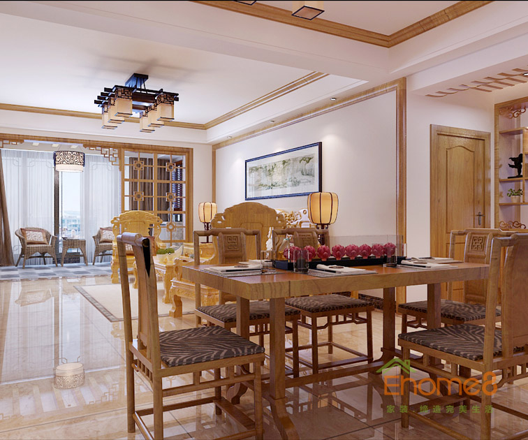 98㎡三房一廳中式原木風格餐廳裝修效果圖