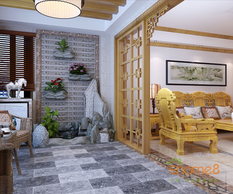 98㎡三房一廳中式原木風格休閑處裝修效果圖