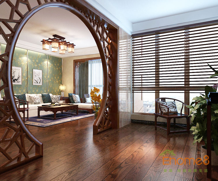 106㎡三房一廳中式風(fēng)格入戶裝修效果圖