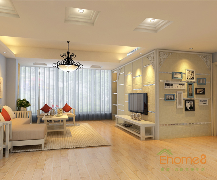 76㎡兩房一廳美式風格客廳全景裝修效果圖