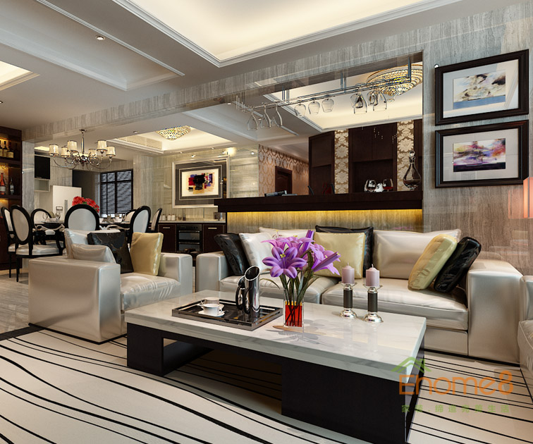 98㎡三房一廳歐式風(fēng)格客廳沙發(fā)背景墻裝修效果圖