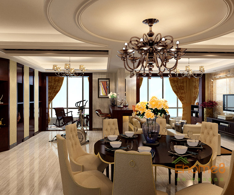 158㎡四房兩廳法式風格餐廳吊燈裝修效果圖.jpg