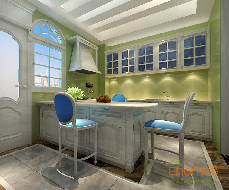 99㎡三房一廳歐式地中海風格廚房吧臺裝修效果圖