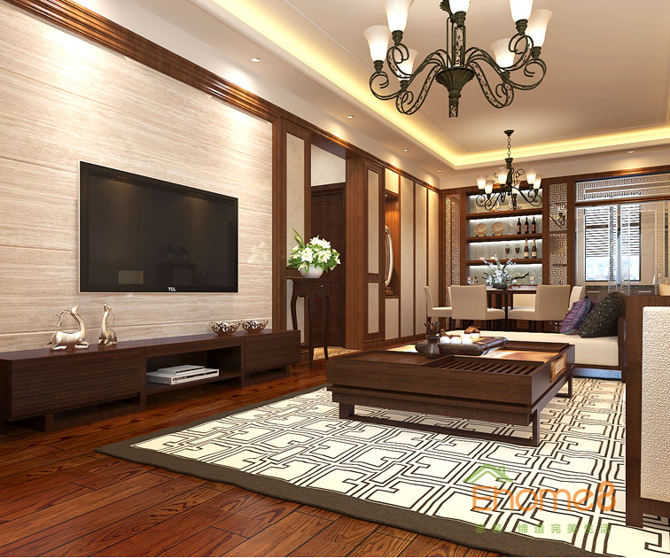 80㎡兩房一廳中西結(jié)合風(fēng)格客廳電視墻裝修效果圖