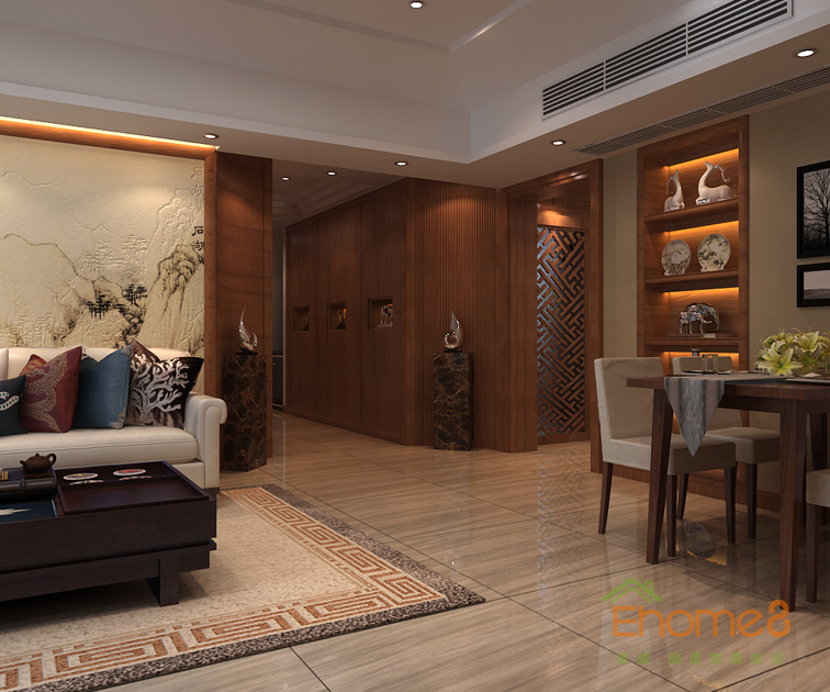 99㎡三房一廳中式優雅風格客廳過道裝修效果圖