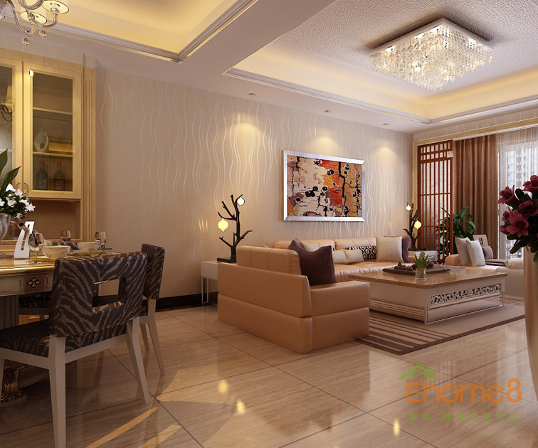 99㎡三房一廳現代中式風格客廳背景墻裝修效果圖