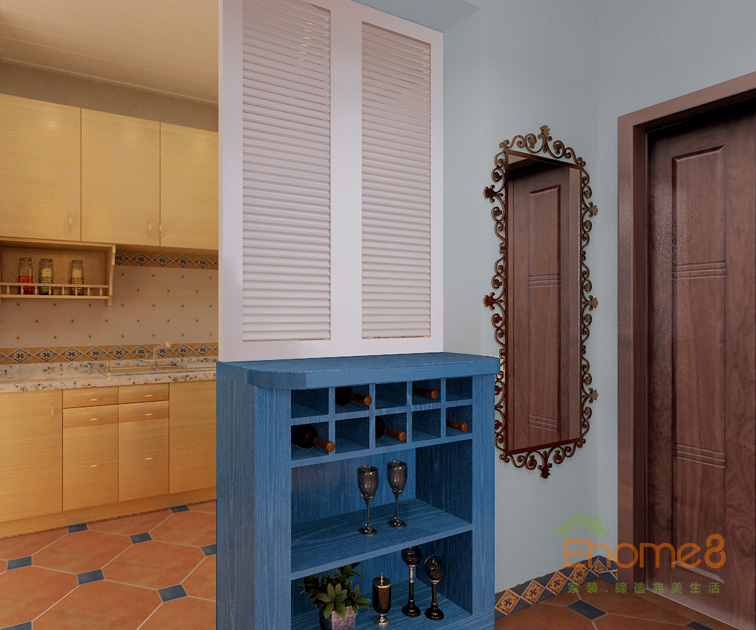 73㎡兩房一廳地中海風(fēng)格過道酒柜裝修效果圖