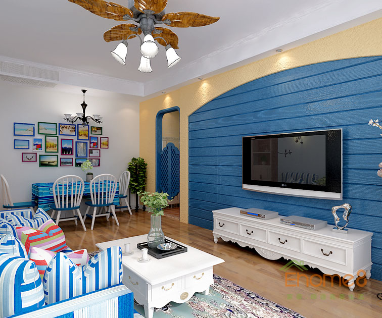 73㎡兩房一廳地中海風(fēng)格客廳吊燈電視墻裝修效果圖