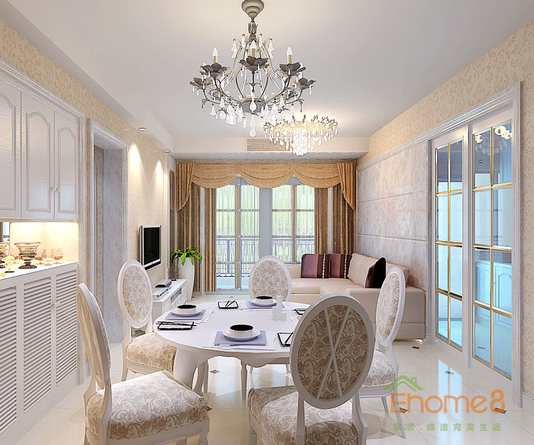 71㎡兩房一廳歐式風格客廳餐桌裝修效果圖